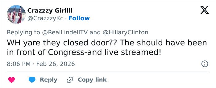 Screenshot of a tweet demanding a public and live-streamed Congressional hearing involving Hillary Clinton and Bill.