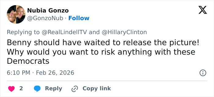 Tweet reply discussing Hillary Clinton and Democrats in context of Epstein and Trump claims during Congress clash.