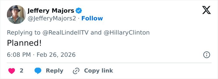 Twitter reply from Jeffery Majors timestamped Feb 26, 2026, related to Hillary Clinton's Epstein claim about Trump.