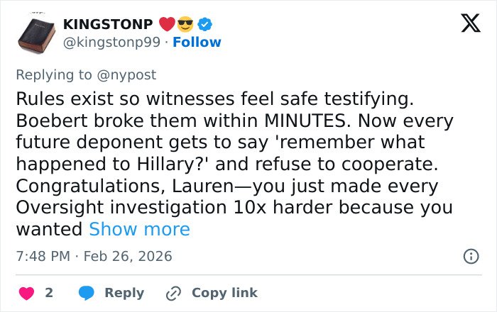 Twitter post discussing witnesses, Hillary Clinton, and the impact on Oversight investigations after Boebert's actions.