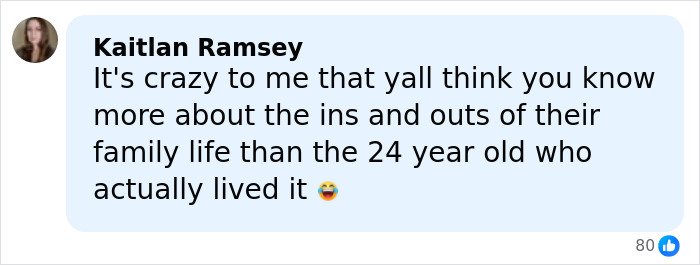 Comment by Kaitlan Ramsey discussing perceptions of family life and personal experience with a laughing emoji reaction visible.