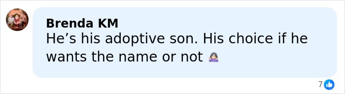 Comment by Brenda KM discussing adoption and name choice in a social media post related to Brad Pitt's kids.