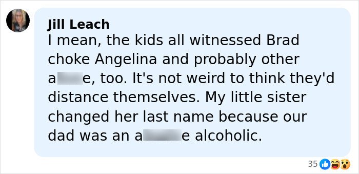 Comment discussing Brad Pitt's kids distancing themselves and their relationship amid family issues revealed in mom's new movie.
