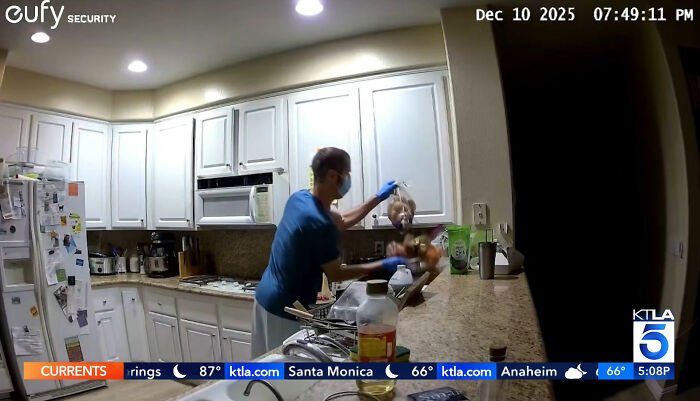 Security footage shows a person in a kitchen linked to roommate’s horrifying acts after multiple ER visits.