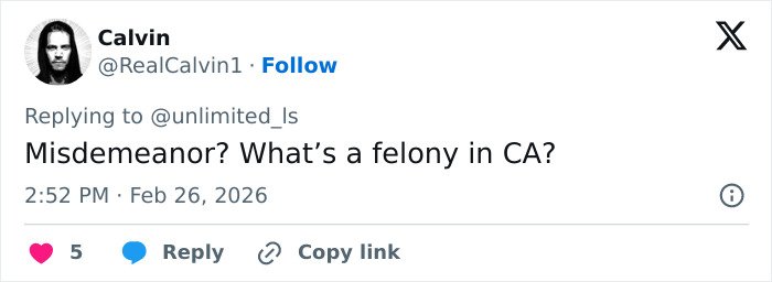 Screenshot of a social media reply discussing legal terms related to misdemeanors and felonies, relevant to roommate's acts discovered.