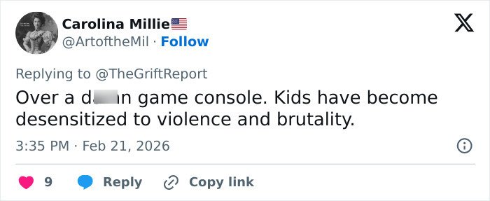 Tweet by Carolina Millie discussing desensitization of kids to violence and brutality related to heartbroken mom of 11-year-old accused case.