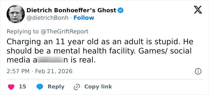 Tweet by Dietrich Bonhoeffer’s Ghost discussing the mental health concerns of an 11-year-old accused in adoptive father’s slaying case.