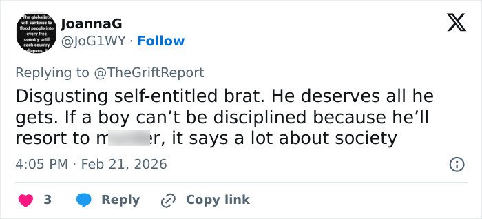 Tweet expressing harsh judgment about an 11-year-old accused in adoptive father’s slaying, reflecting a heartbroken mom’s pain.