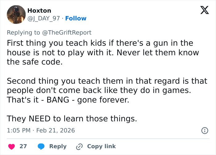 Tweet discussing the importance of teaching kids gun safety amid a heartbroken mom of 11-year-old accused in adoptive father’s slaying.