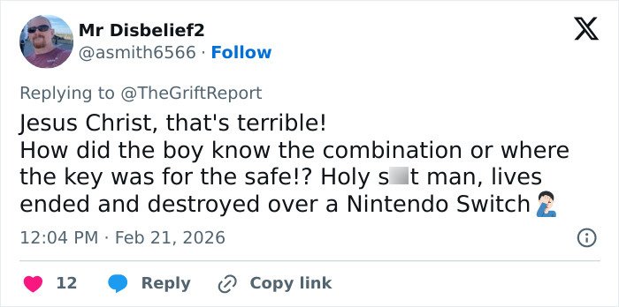 Tweet screenshot showing a user reacting to the adoptive father's slaying linked to the 11-year-old accused boy.