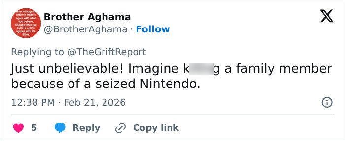 Twitter reply from Brother Aghama expressing disbelief about a family member accused in adoptive father’s slaying case.