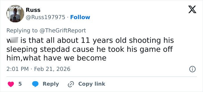 Screenshot of a tweet discussing a shooting involving an 11-year-old and his adoptive father in a tragic family incident.