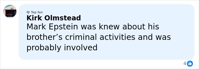 Comment by Kirk Olmstead discussing Jeffrey Epstein’s brother and his knowledge of criminal activities.