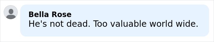 Comment by Bella Rose stating he's not dead and too valuable worldwide in a simple text message format.