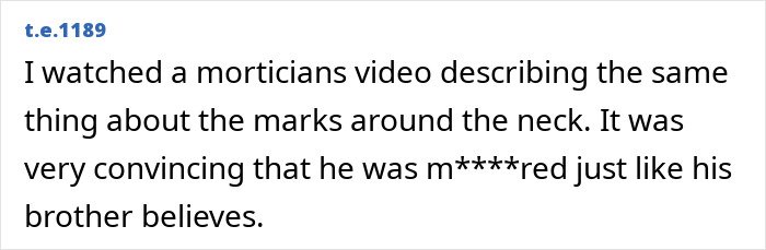 Comment discussing a mortician’s video and beliefs about marks around the neck related to Jeffrey Epstein’s brother.