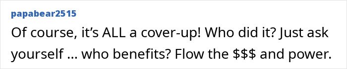 Comment by papabear2515 discussing a cover-up, questioning who benefits, related to Jeffrey Epstein’s brother’s conversation.