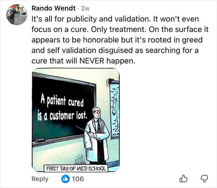 Cartoon of a doctor pointing to a board with text highlighting challenges in MS treatment and ignored warning signs.