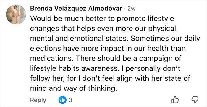 Comment from Brenda Velázquez Almodóvar discussing the importance of lifestyle changes for mental and physical health and MS awareness.