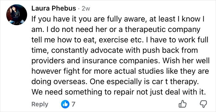 User comment discussing challenges faced by people with MS, highlighting ignored signs and need for better therapies.