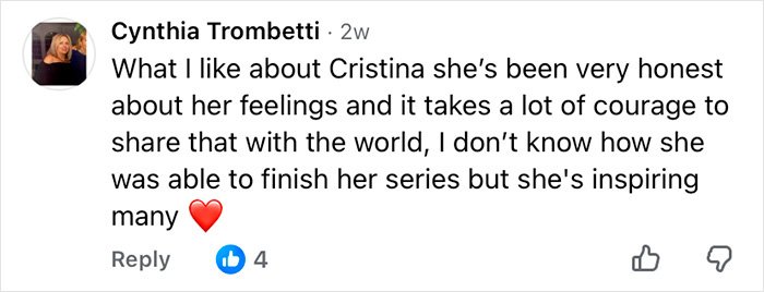 Screenshot of a comment praising Christina Applegate’s courage and honesty about her MS health update and inspiring others.