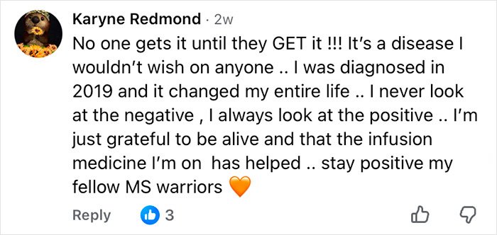 Comment from MS patient expressing gratitude for infusion medicine and encouraging positivity among MS warriors.