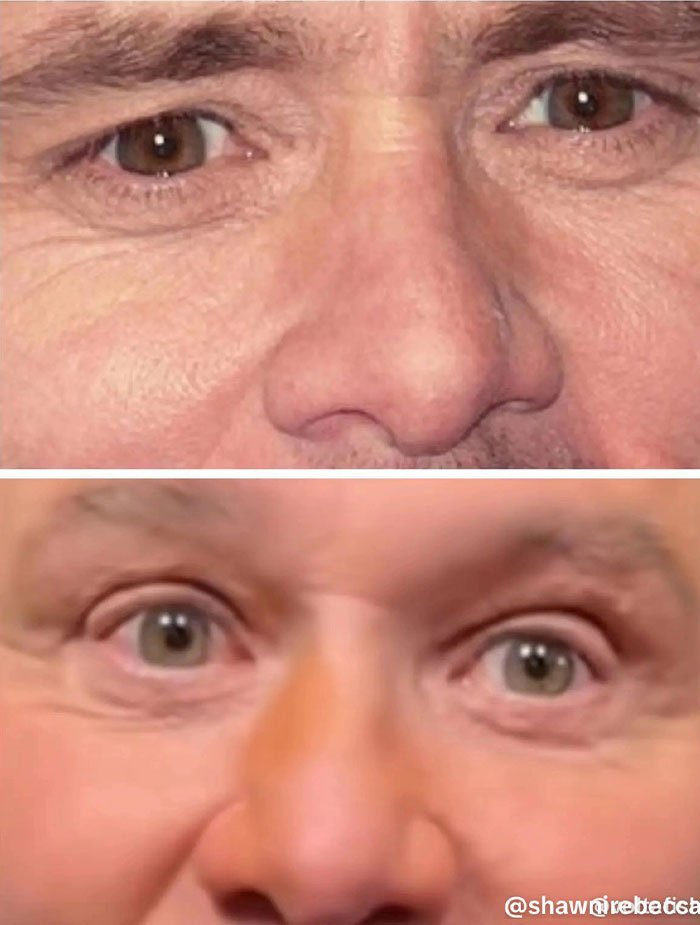 Close-up comparison of eyes focusing on viral Jim Carrey footage with fans convinced something is off.
