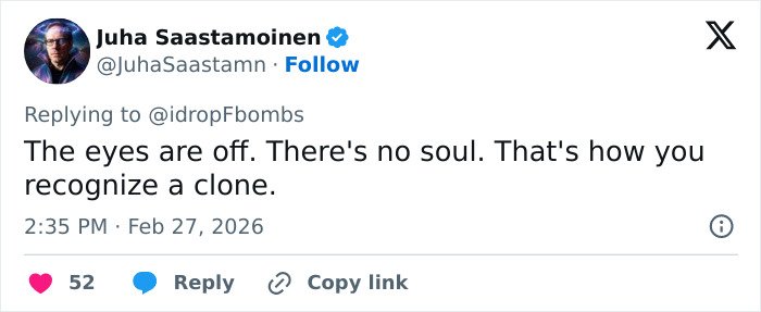 Tweet by Juha Saastamoinen discussing fan theories about something off and clone recognition in viral Jim Carrey footage.