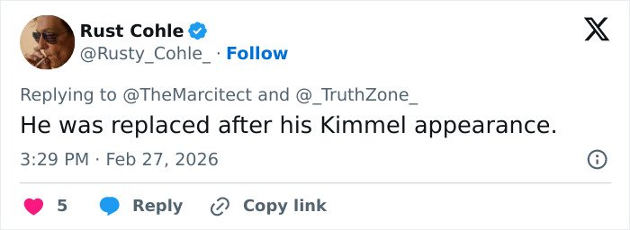 Tweet by Rust Cohle discussing viral Jim Carrey footage with fans convinced something is off after Kimmel appearance.