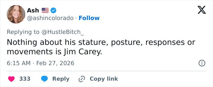 Tweet discussing fans convinced something is off with viral Jim Carrey footage, questioning his posture and movements.