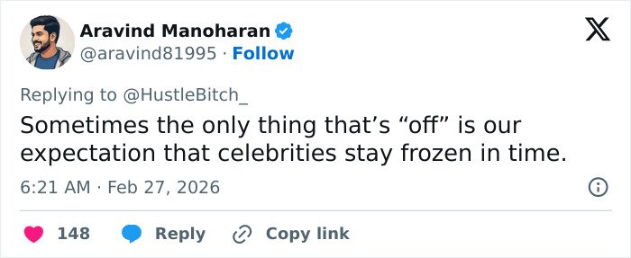 Tweet by Aravind Manoharan discussing fans convinced something is off in viral Jim Carrey footage about celebrity expectations.