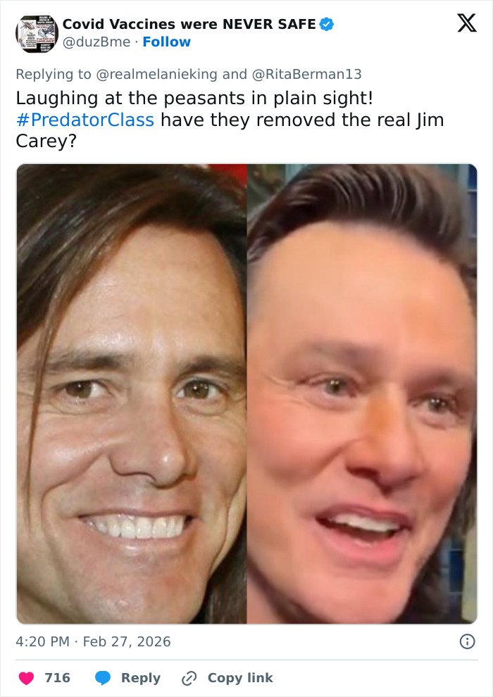 Side-by-side close-up images of Jim Carrey with fans questioning viral footage authenticity concerns.