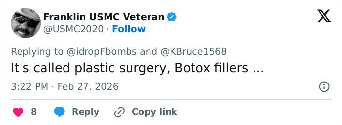 Tweet from Franklin USMC Veteran discussing plastic surgery and Botox fillers related to viral Jim Carrey footage controversy.