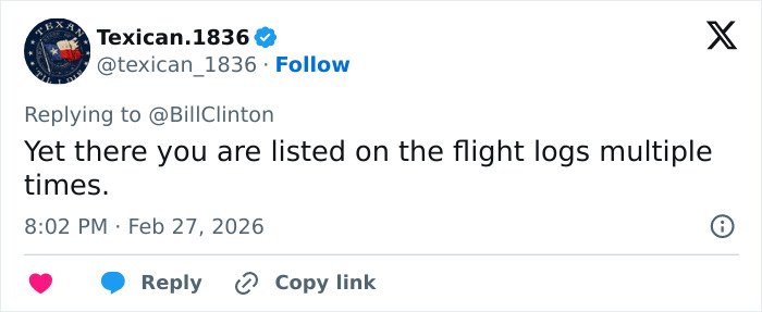 Tweet criticizing Bill Clinton, referencing flight logs multiple times amid Epstein ties and Hillary’s testimony discussion.