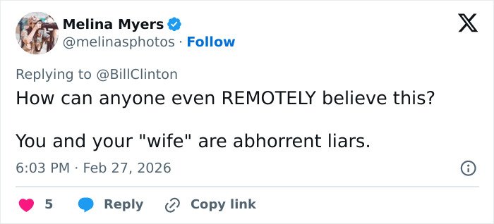 Screenshot of a social media reply criticizing Bill Clinton after Hillary’s testimony on Epstein ties.