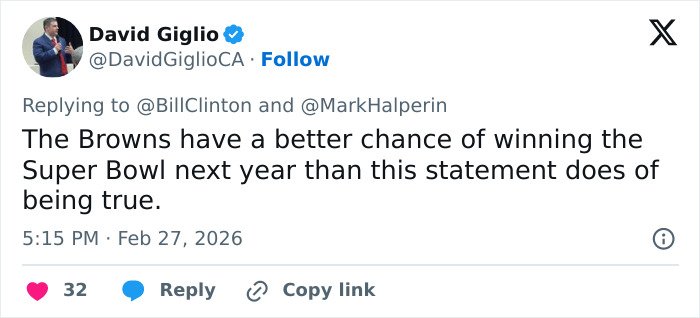 Tweet criticizing Bill Clinton’s fiery statement following Hillary’s testimony on Epstein ties, posted by David Giglio.