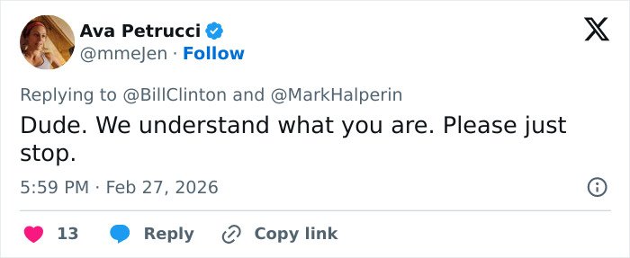 Screenshot of a tweet replying to Bill Clinton, referencing his statement after Hillary’s Epstein ties testimony.