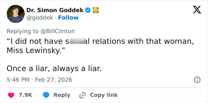 Tweet from Dr. Simon Goddek replying to Bill Clinton’s statement, referencing Clinton and Epstein ties controversy online.