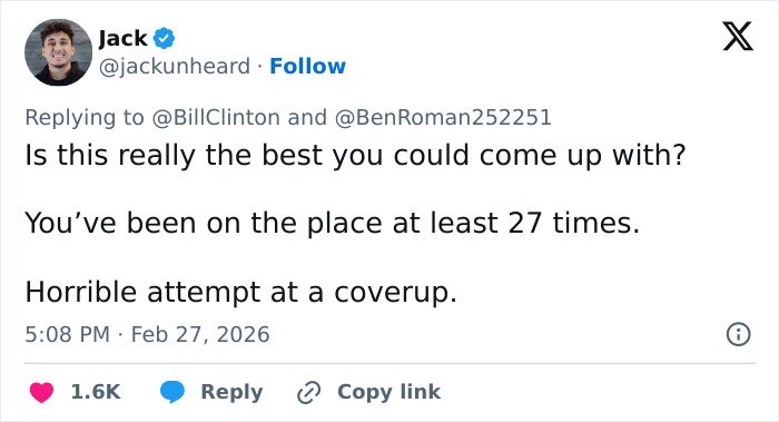 Tweet screenshot showing a user criticizing Bill Clinton amid discussions on Hillary’s testimony and Epstein ties coverup.