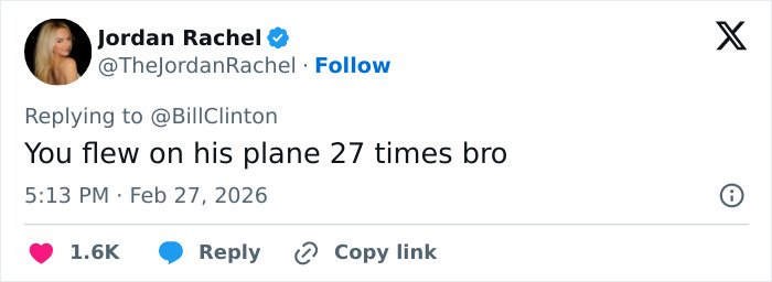 Tweet reply to Bill Clinton mentioning flying on his plane 27 times, related to statements on Epstein ties controversy.