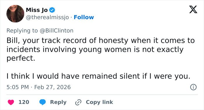 Tweet criticizing Bill Clinton’s honesty in incidents involving young women amid Epstein ties controversy.