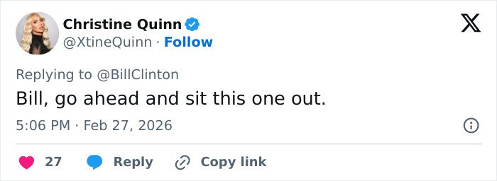 Twitter post by Christine Quinn replying to Bill Clinton, referencing Epstein ties and reactions to Hillary’s testimony.