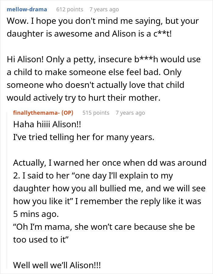 Screenshot of an online conversation where a sassy teen defends her mom against grandma's bullying in front of the family.