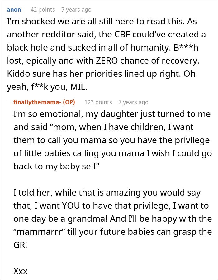 Reddit comments showing a sassy teen putting grandma in her place, making mom proud with emotional family responses.