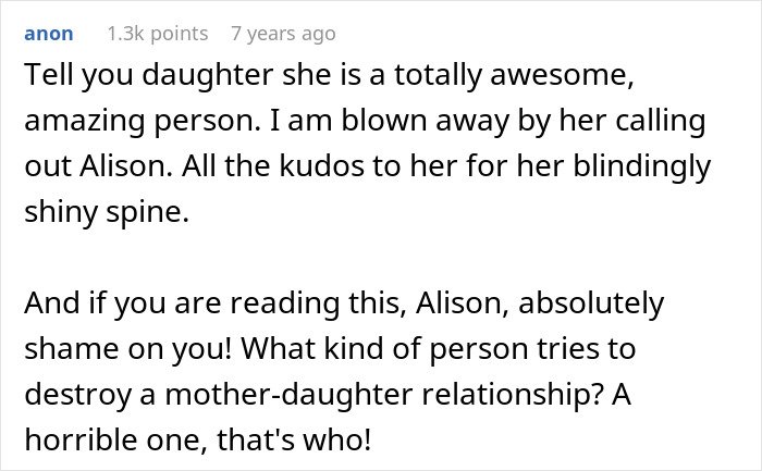 Comment praising a sassy teen for putting grandma in her place, highlighting family dynamics and mom&rsquo;s pride.