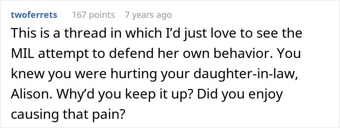 Comment text on a white background discussing a mother-in-law hurting her daughter-in-law, related to sassy teen putting grandma in her place.