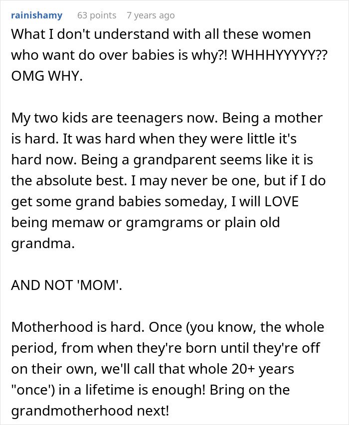 Comment discussing the challenges of motherhood and the joys of becoming a grandparent from a future grandma perspective.