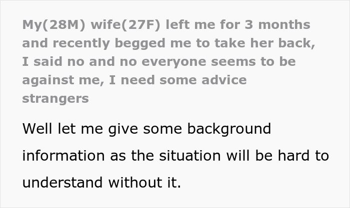 Text excerpt discussing a man giving his wife a second chance after she left and begged him to take her back.