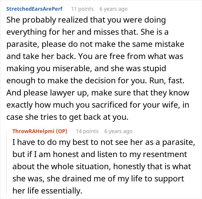 Reddit comments discussing a man giving his wife a second chance after she leaves and begs to be taken back.