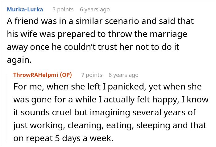 Screenshot of a Reddit conversation about a man giving his wife a second chance after she left and begged to return.