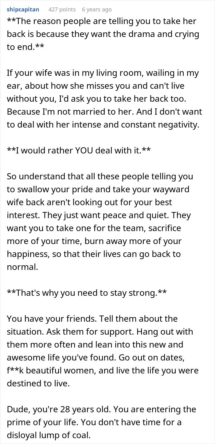 Text post discussing a man giving wife a second chance after she leaves and begs him to take her back.